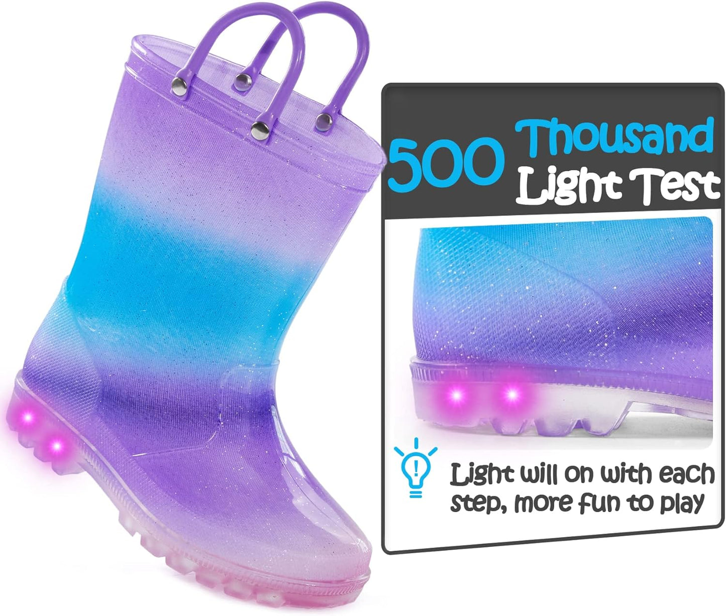 Kids Light up Rain Boots, Toddler Girls Boys Waterproof Boots with Easy-On Handles